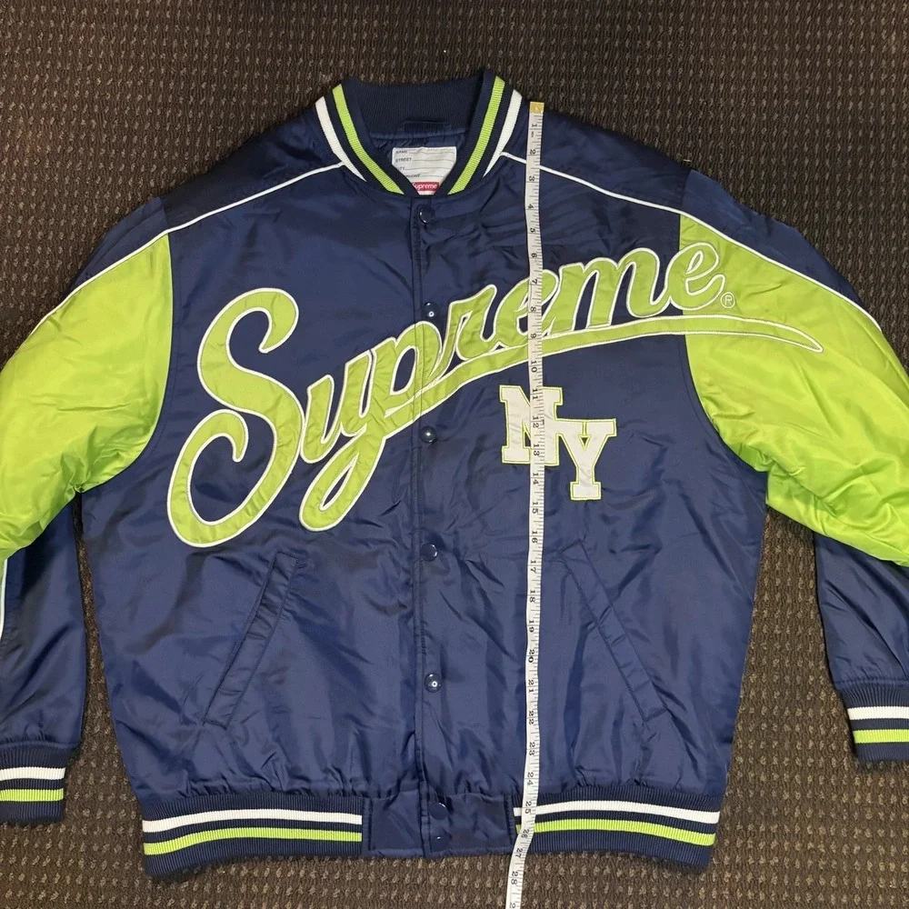 Supreme Team Varsity Jacket Navy Lime Green FW20 Script Logo NY Spellout Size M